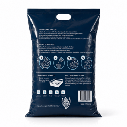 Back of Pawfect Lavender Bentonite Clumping Cat Litter 7.5 kg bag showing product information.